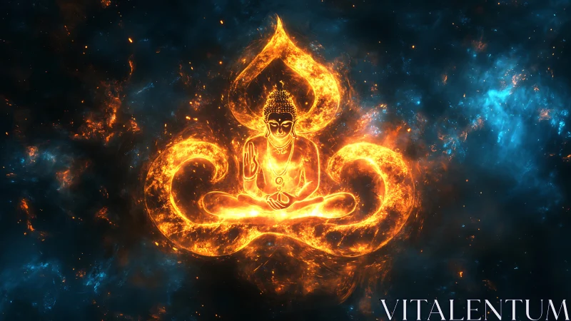 Fiery meditative Buddha glows against a cosmic night sky