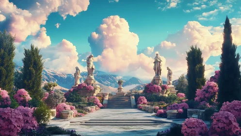 Sunlit neoclassical garden with statues framed by cumulus clouds
