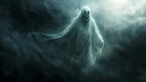 Ghostly specter emerging from dark swirling fog at night.