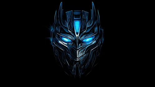 Cyan-lit mechanoid visor portrait with angular chrome plating.