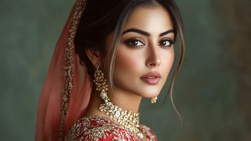 Graceful bridal portrait in soft golden and rose tones.