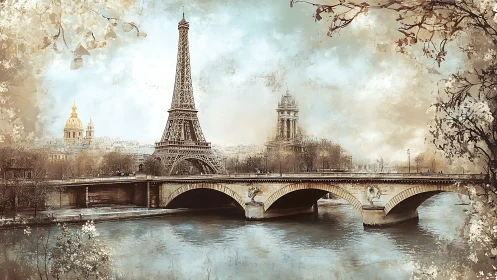 Dreamy Paris riverside frames Eiffel Tower in soft vintage light