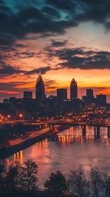 Urban skyline and river bridge glow against saturated dusk sky