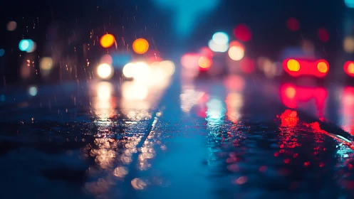 Rain-slicked city pavement turns headlights into liquid stars