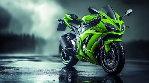 Lime green superbike on wet asphalt under stormy sky