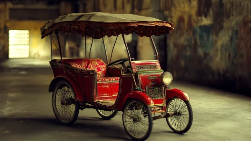 Vintage red rickshaw car waiting in a quiet sunlit lane.