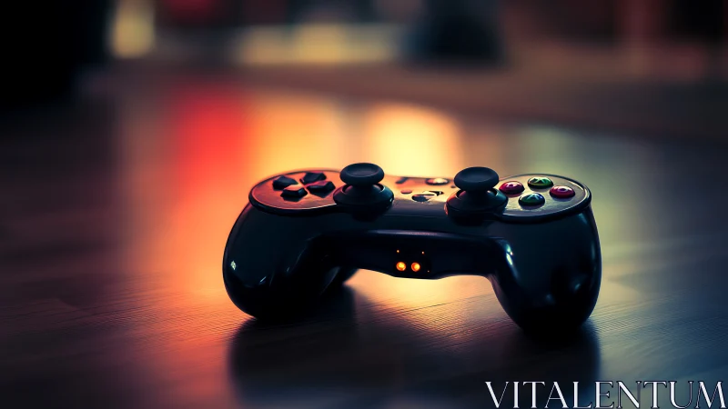 Black Gaming Controller with Illuminated Buttons Under Warm Diffuse Lighting