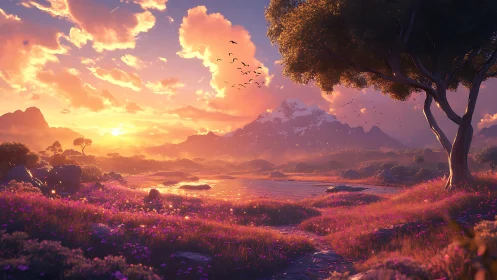 Radiant alpine lake at sunset with pink wildflower meadow