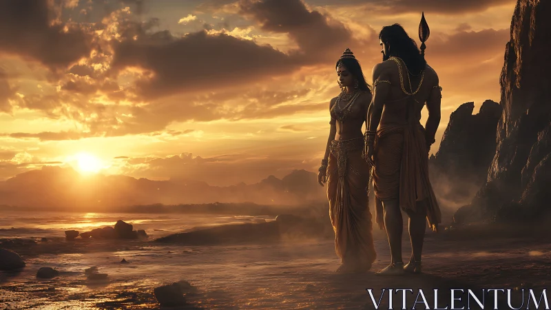 Divine couple walk a mythic shoreline at molten sunset glow