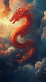 Red celestial dragon coiling dynamically through clouds.
