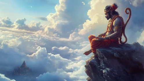 Divine simian figure meditating above a cloud‑shrouded citadel