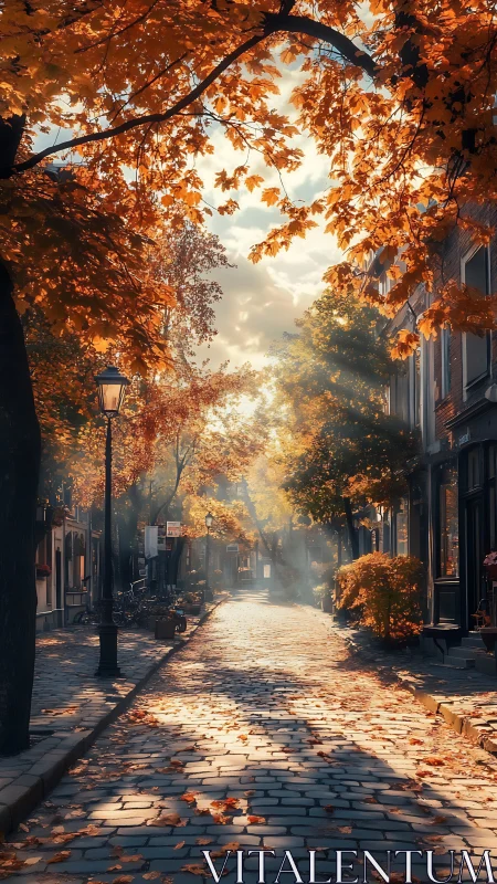 Sunlit cobblestone street passes under dense autumn foliage