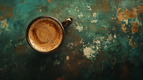 Rustic coffee cup against textured teal patina backdrop.
