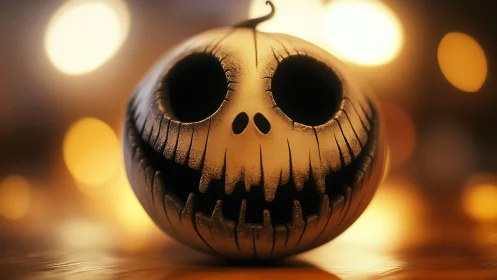 Grinning carved skull pumpkin in cinematic bokeh lighting.