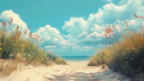 Sunlit sand path opening onto a calm turquoise shoreline.