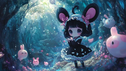 Chibi character with mouse ears in luminous forest scene.