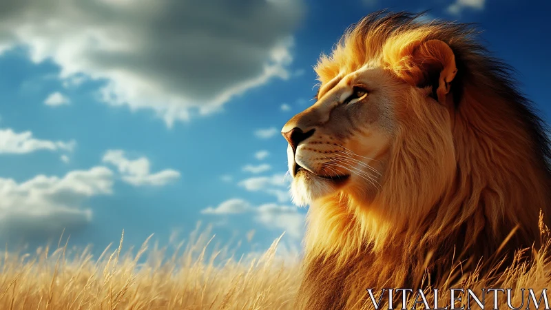Majestic lion surveys a golden savanna beneath vast clouds.