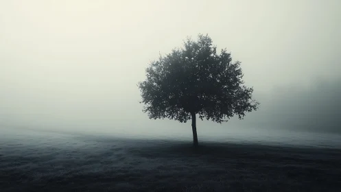 Solitary tree in dense morning fog over muted field.