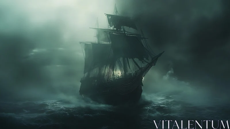 Ghostly tall ship sails through dark stormy ocean mist.