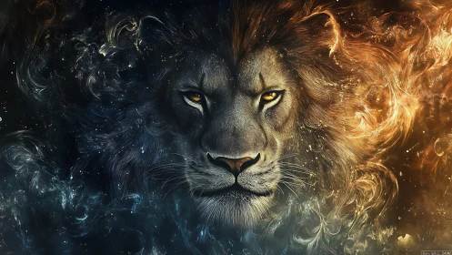 Celestial lion dissolves into twin storms of fire and night