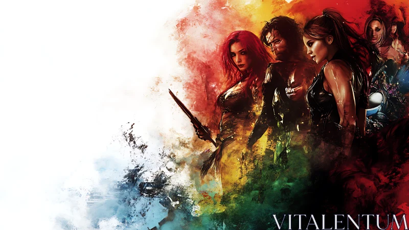 Warrior heroines emerge from saturated splatter gradients