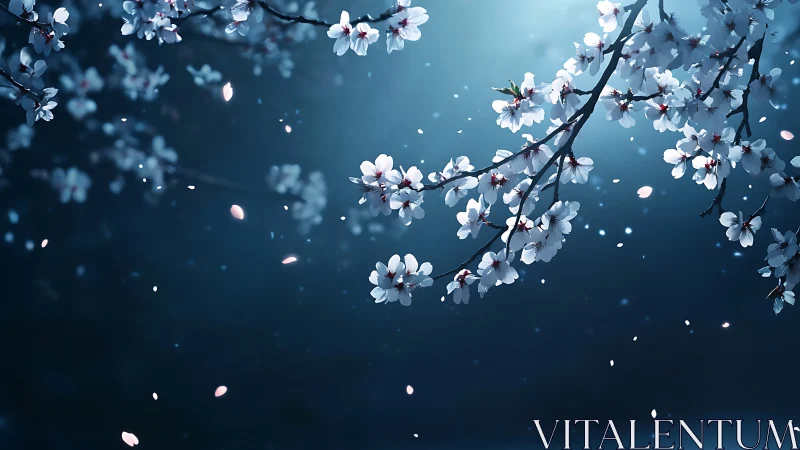 Bokeh-laden cherry blossom composition with atmospheric depth and particle diffusion