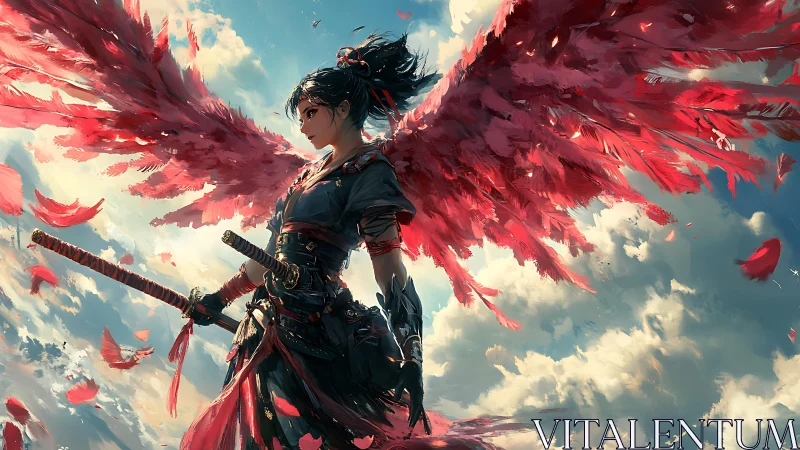 Winged samurai ignites the sky in a storm of crimson feathers