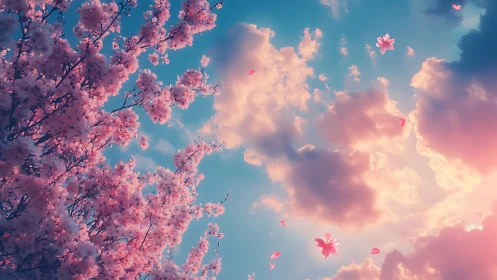 Cherry blossoms drift under a glowing pastel spring sunset