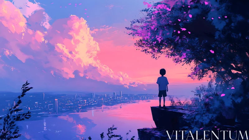 Skyline daydreamer under candy-floss twilight clouds.