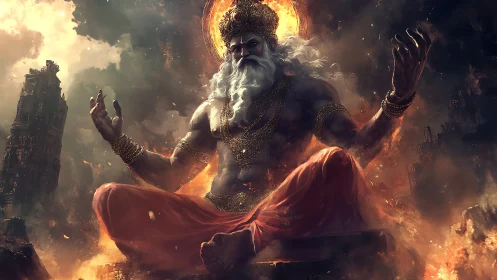 Mythic deity figure seated amid ruins and dense smoke.