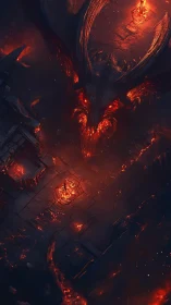 Volcanic infernal dragon emerging above molten dungeon plaza.