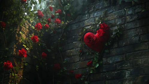 Crimson roses climb weathered stone in Gothic garden heart.