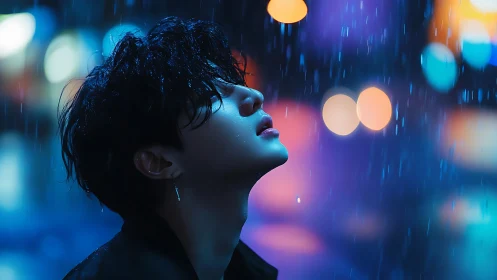 Side profile portrait in rain under defocused urban lights