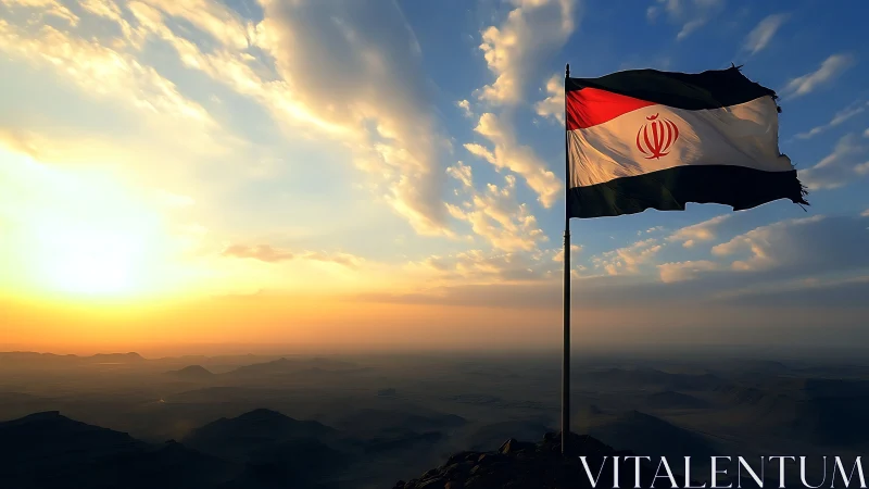 Sunrise winds crown a lone mountain flag above hazy desert.