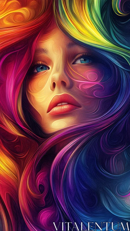 Chromatic female portrait with swirling fluid vector contours