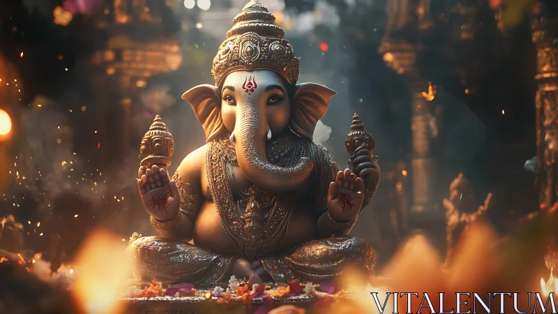 Golden Ganesha idol glows amid temple incense and flames.