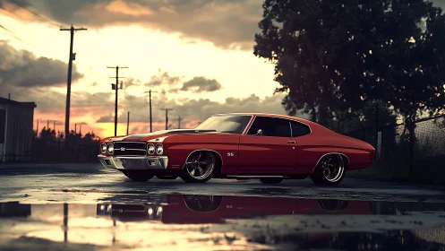 Red muscle car parked on wet pavement at sunset.