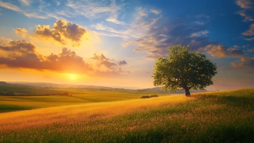 Solitary deciduous tree on sunlit meadow under vivid sunset sky.