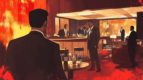 Elegant suited men gather in a moody, fire-lit cocktail bar