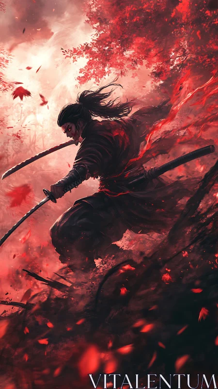 Blood-red wind crowns the lone samurai’s furious descent