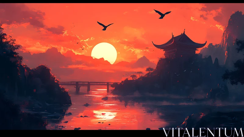 Red sunset over temple, bridge and reflective river scene.