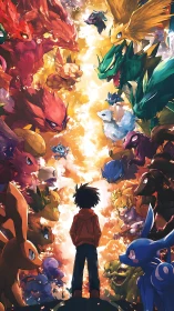 Young trainer stands bravely among colorful creature allies