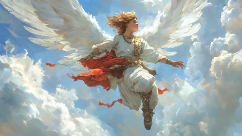 Radiant winged guardian soars through luminous summer clouds