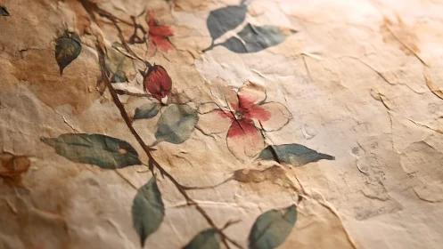 Faded botanical flower study on distressed textured paper.
