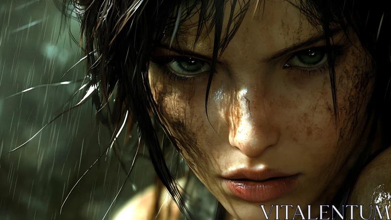 Close-up of rain-soaked female face with dirt and scratches.