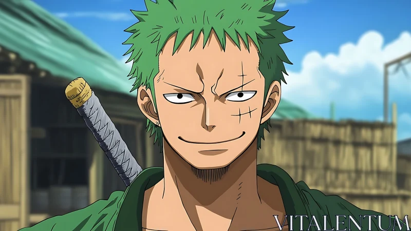Green-haired swordsman stands confident in rustic village