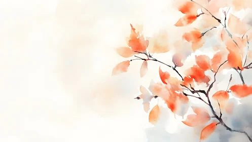 Watercolor Autumn Leaves on Branches, Minimalist Nature Art.