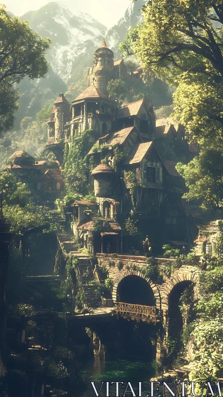 Sunlit mountain citadel rises above mossed stone bridges.