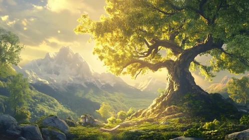 Large tree dominates illuminated mountain valley landscape scene