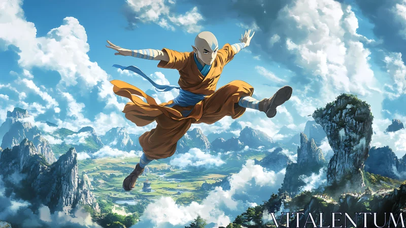 Sky-leaping monk slicing clouds above jade valleys.